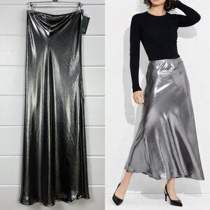 NWT Y2K Metallic Silver Maxi Skirt XXS Glam Trumpet ALine Futuristic NYE Holiday